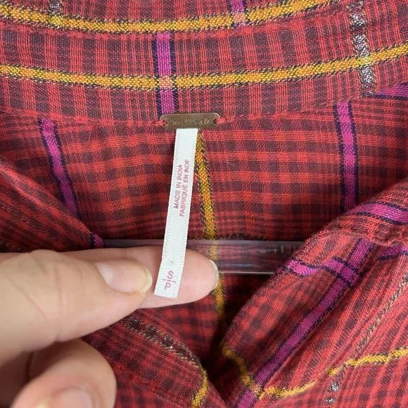 Free People Break Red / Orange Plaid My Stride Button Up /Down Long Sleeve Top S - Picture 9 of 11